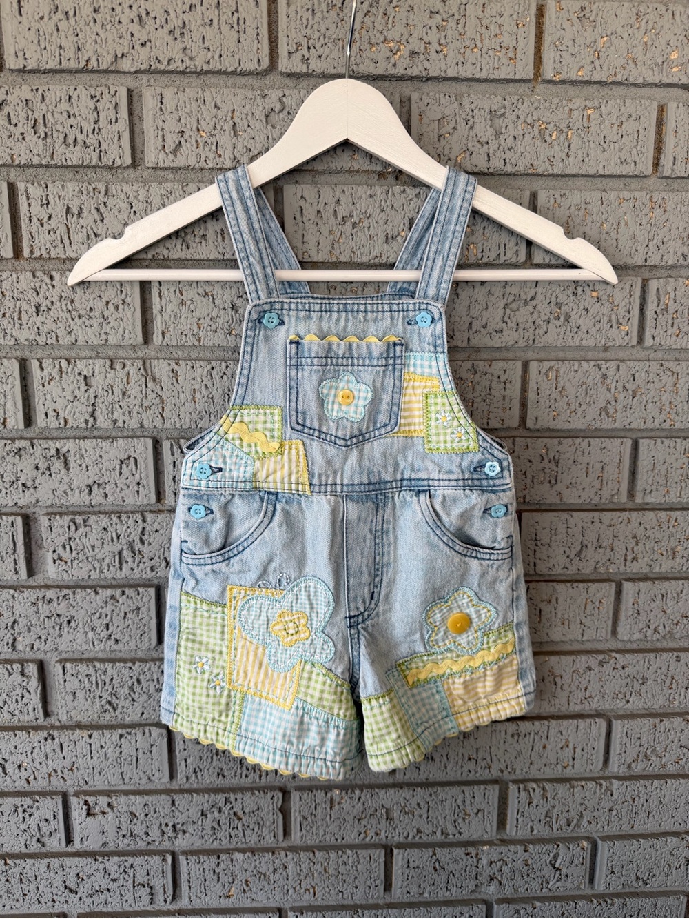 VTG Patchwork Denim Shorts Overalls Girls Size 24M Butterfly Floral Embroidered